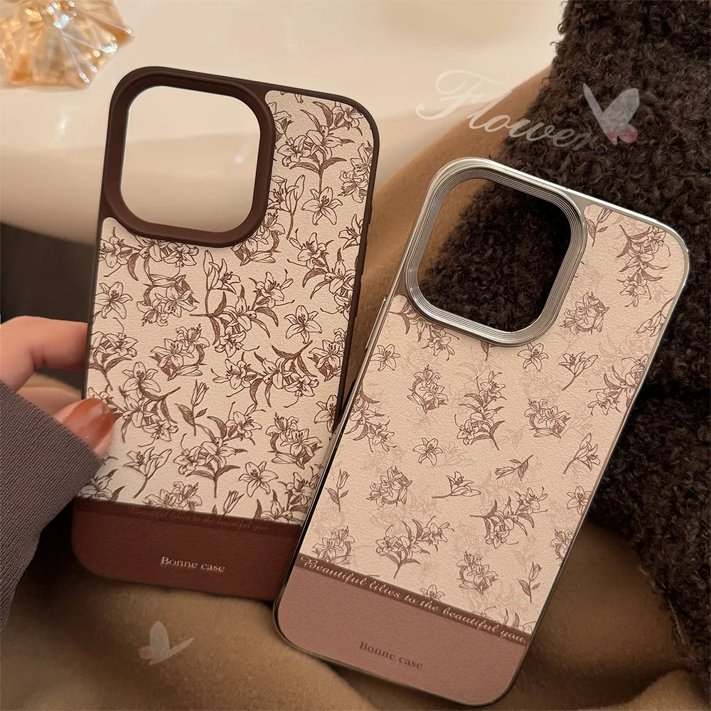 Koreanische Retro-Lilien-Blumen-Leder-Textur-Handyhülle für iPhone 17, Air 16, 15, 14, 13, 12, 11, Pro Max, stoßfeste Schutzhülle
