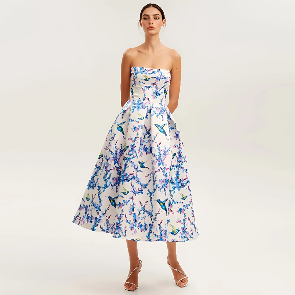 

ESBRIDE Designer Luxury Evening Dresses Strapless Floral Print Prom Dress Floor-Length Sleeveless Party Woman Dress Customized