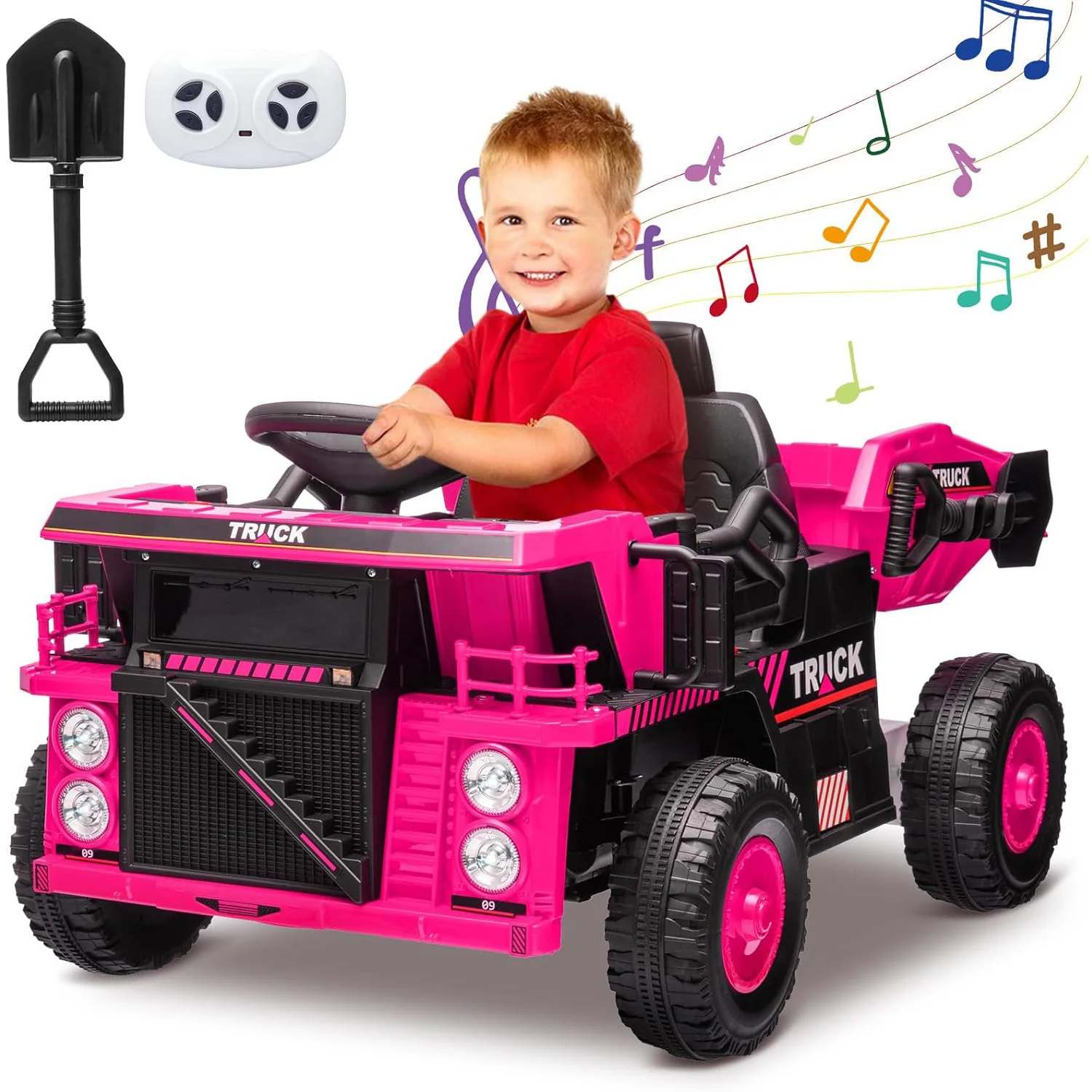 Carro elétrico infantil de 12V com cama de descarga automática, motores duplos de 35W, controle remoto, inclui pá de areia pequena e reprodutor de música, passeio no caminhão