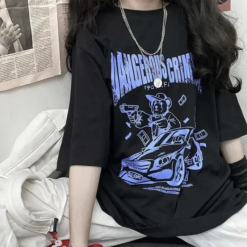 Women's T-shirts Korean Style Black Oversize Hip Hop Tops Harajuku Vintage Aesthetic Gothic Graphic Punk Clothes Oversized Tops
