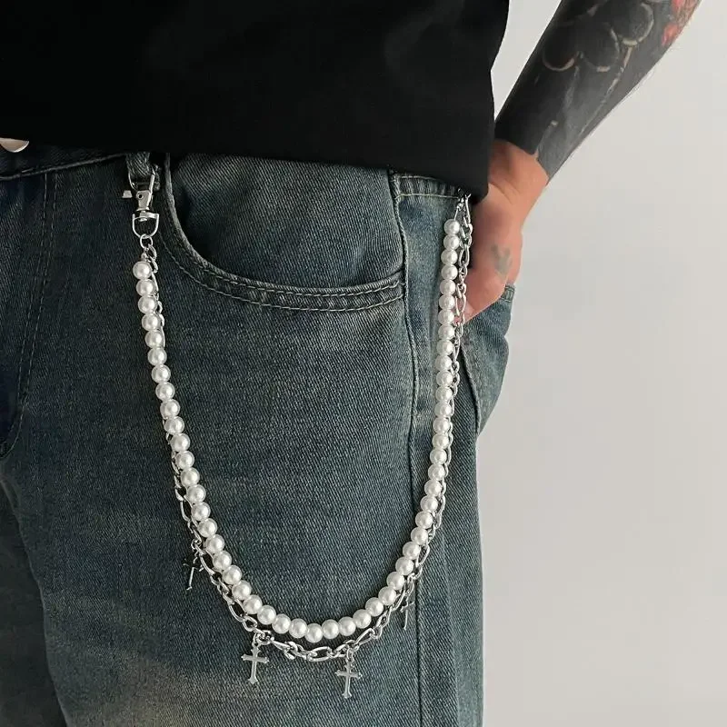 Fashion Imitation Pearl Cross Pant Chain For Men Punk Trousers Chain Hip Hop Multilayer Jeans Chain Waist Ornament Accessories