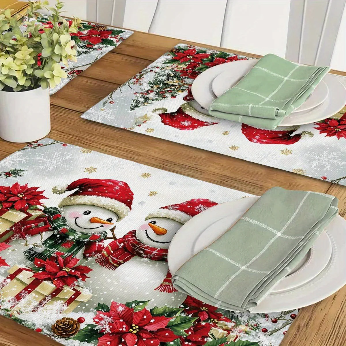 Christmas-Themed Placemats Featuring Red And Green Snowmen, Adorned with Snowflakes, Bougainvillea, Gifts, And Pine Cones