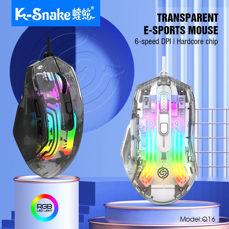 ماوس ألعاب سلكي شفاف من K-snake Q16 بتأثير إضاءة RGB للكمبيوتر المحمول وسطح المكتب والألعاب والمكتب كتم الصوت ماكرو قابل للبرمجة #1