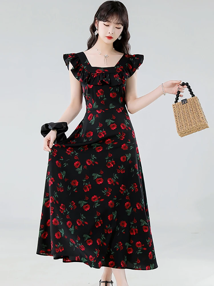 夏黒シフォンレッド花柄シックなフリルスクエアカラードレス女性韓国ヴィンテージヘップバーンドレス 2025 エレガントなボディコンドレス