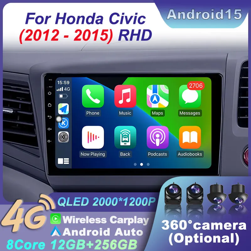 

Car Android 15 Radio Touch Screen Wireless CarPlay WIFI Head Unit Stereo Navigation Multimedia GPS For Honda Civic 2012-2015 RHD