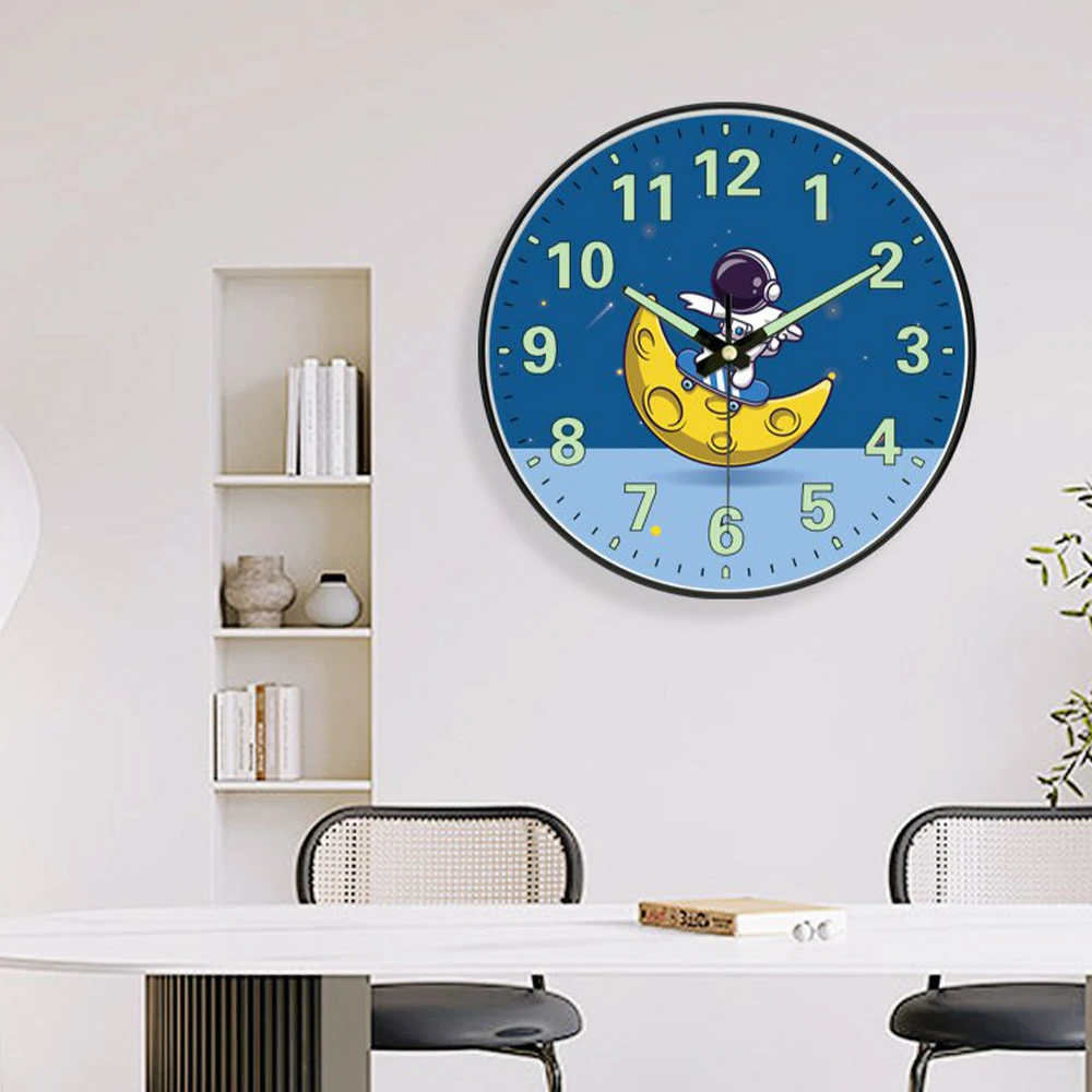 1pc Creative Luminous Wall Clock Fashion Astronaut Design Light In Dark Night Living Room Children's Wall Mounted Clock