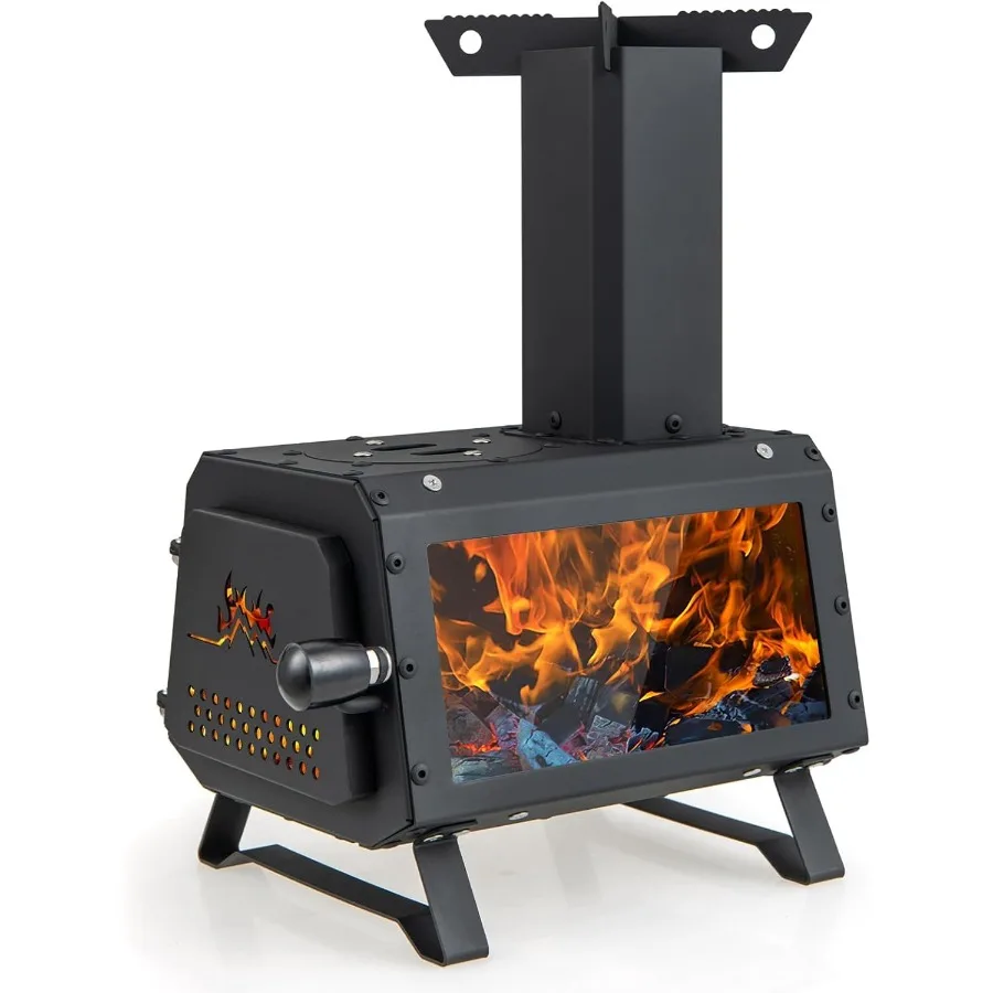 

HAPPYGRILL Portable Camping Stove Mini Wood Burning Stove w/X Shaped Holder Anti-scalding Door Handle Heat Resistant Glass Wind