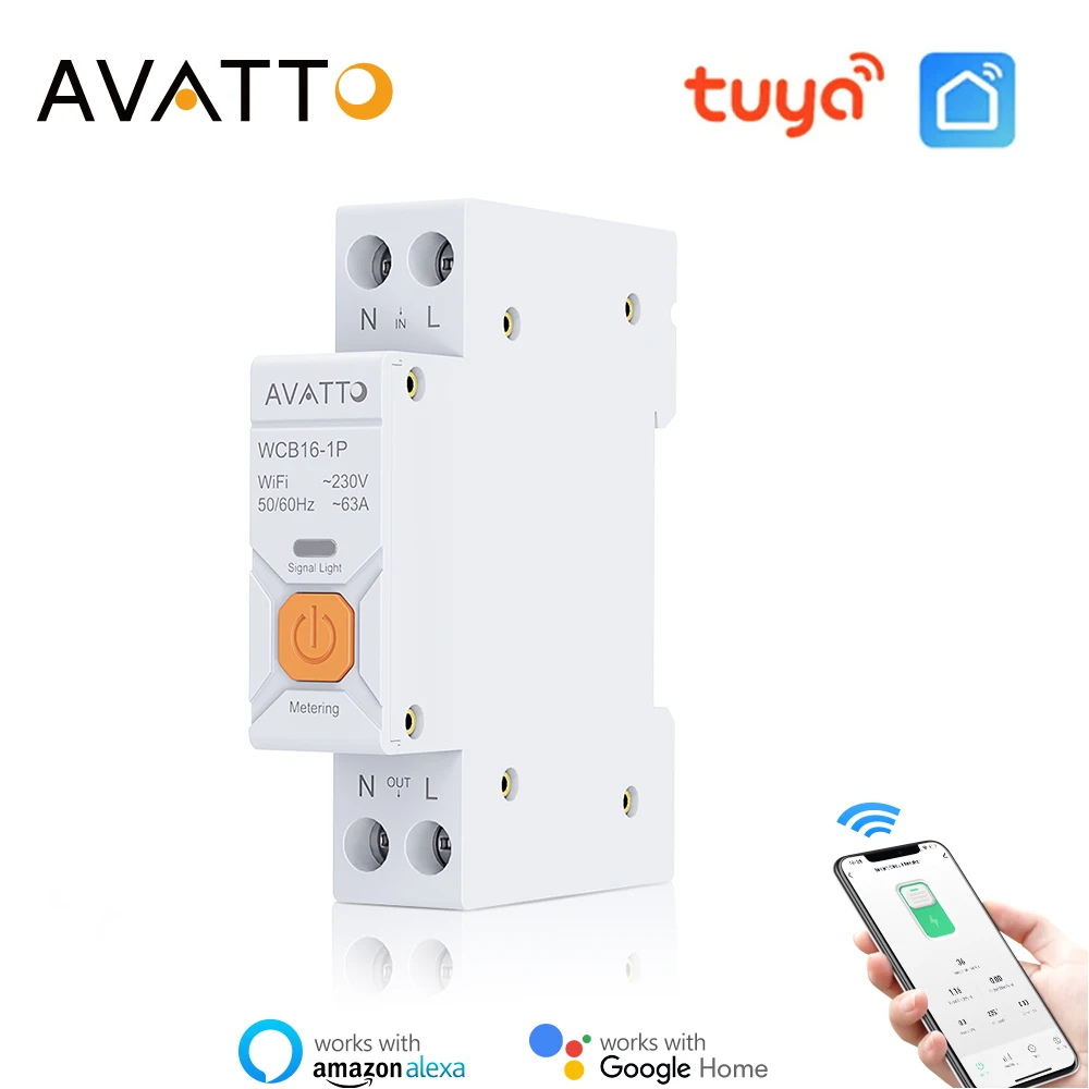 AVATTO Tuya WiFi Smart Circuit Breaker Switch With Metering 63A 1P Remote control Smart Home Smart Life APP Timer