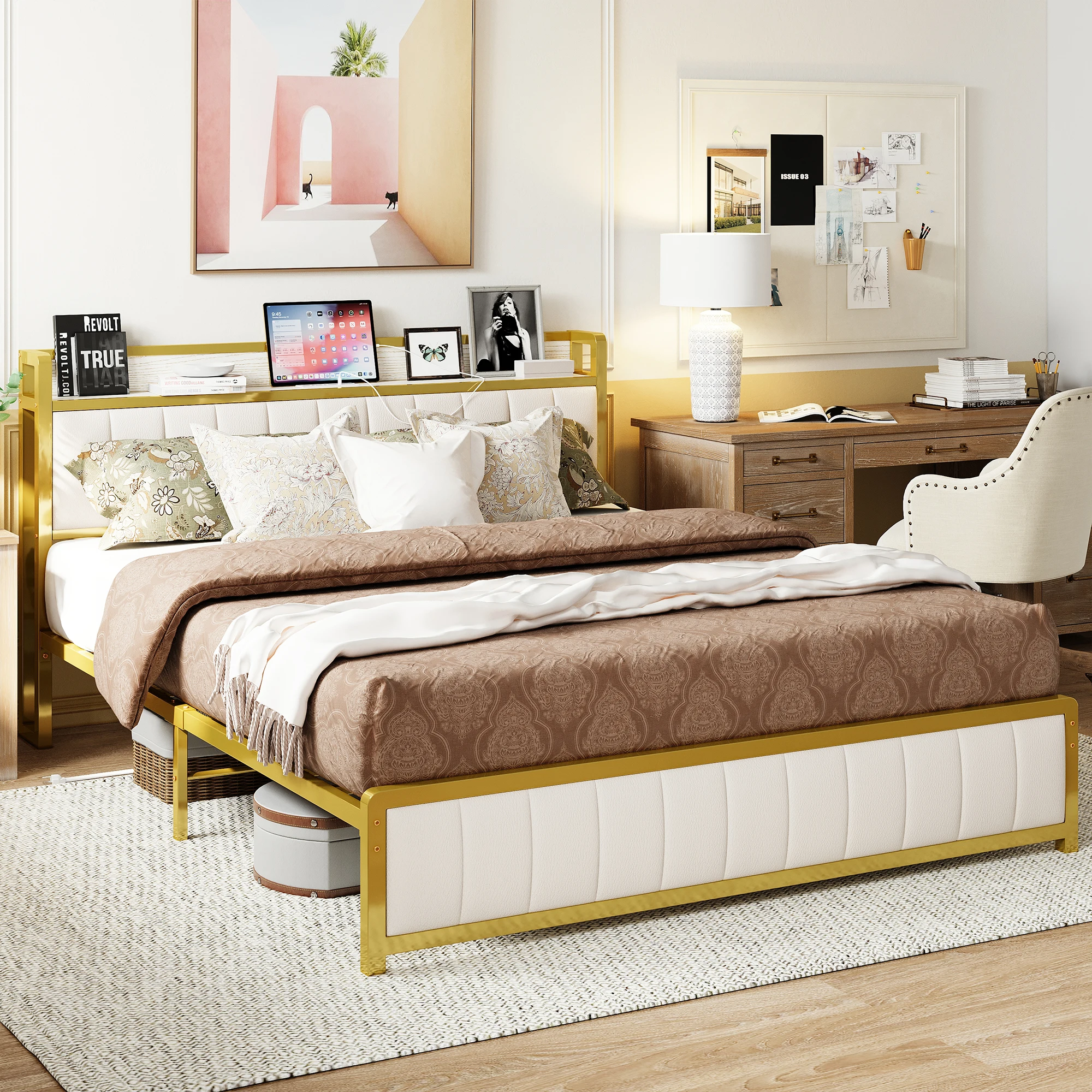 ANCTOR Queen Bed Frames, Storage Headboard with Charging Station, Solid and Stable, Noise Free, No Box Spring Needed