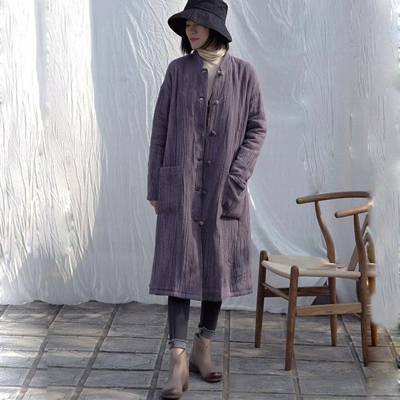 Art Fabric Fold Linen High-End Loose Medium Long Cotton-Padded Coat Women's Winter Single Breasted Fashion Lazy Style Seam Coat