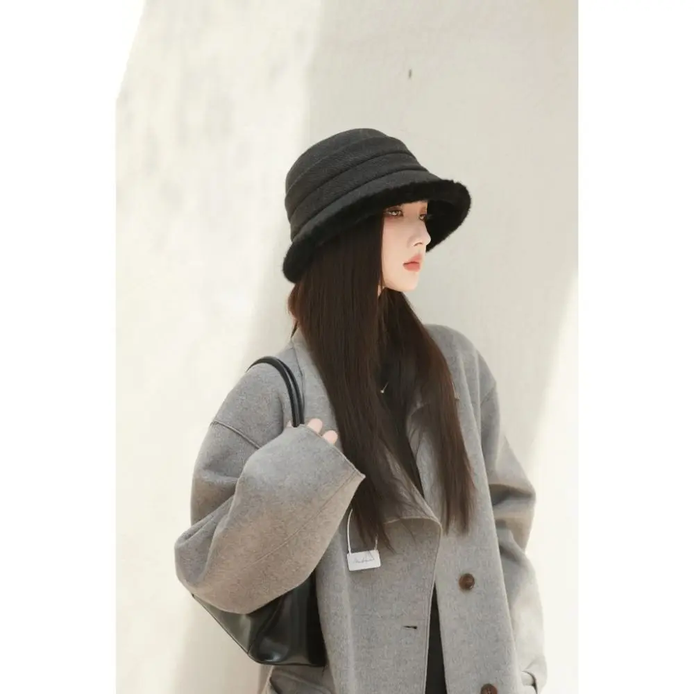 한국어 퍼지 겨울 양동이 모자 귀 보호 방풍 여성 어부 모자 여성을위한 따뜻한 두꺼운 플러시 따뜻한 분지 모자