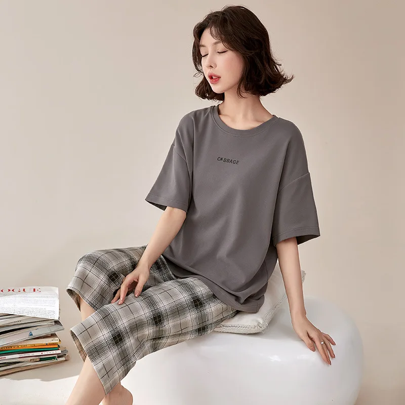 2023 Cotton pajamas women's summer short-sleeved cropped pants cartoon cute ladies plus size home service