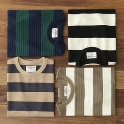 Heavy jacquard stripe T-shirt short sleeve men's American vintage May khaki feel color contrast base shirt summer