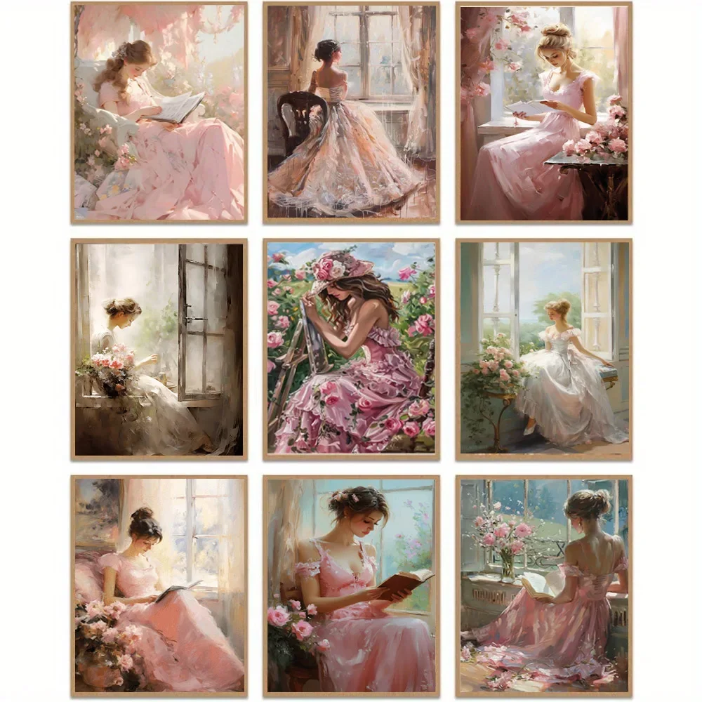 1pc frameless Canvas Painting 1pc Vintage Elegant Reading Woman Poster, Victorian Style Lady with Floral Canvas Art, Ideal for H