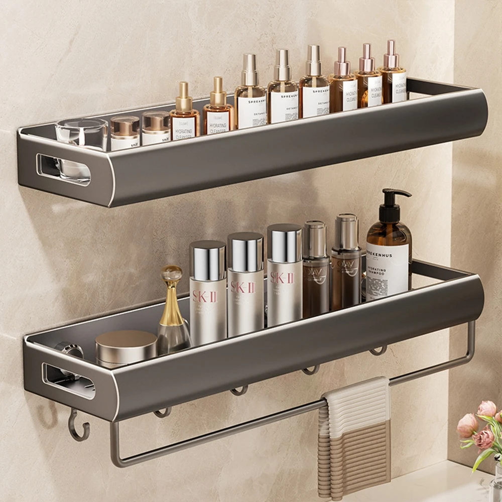 No-Punch Grey Bathroom Wall Mount Shower Storage Shelf Large Capacity Shower Shampoo Rack Multifunctional Toilet Storage Rack view 2