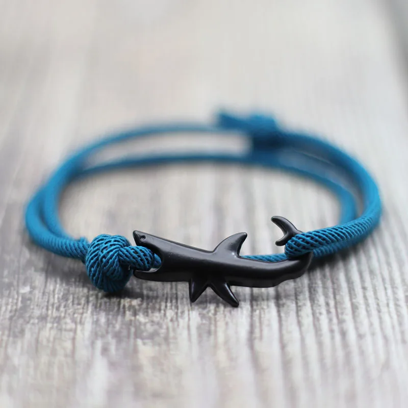 New Nautical Bracelet Men Black Shark Braslet Sliding Adjustable 3mm Milan Cord Chain Summer Beach Surfer