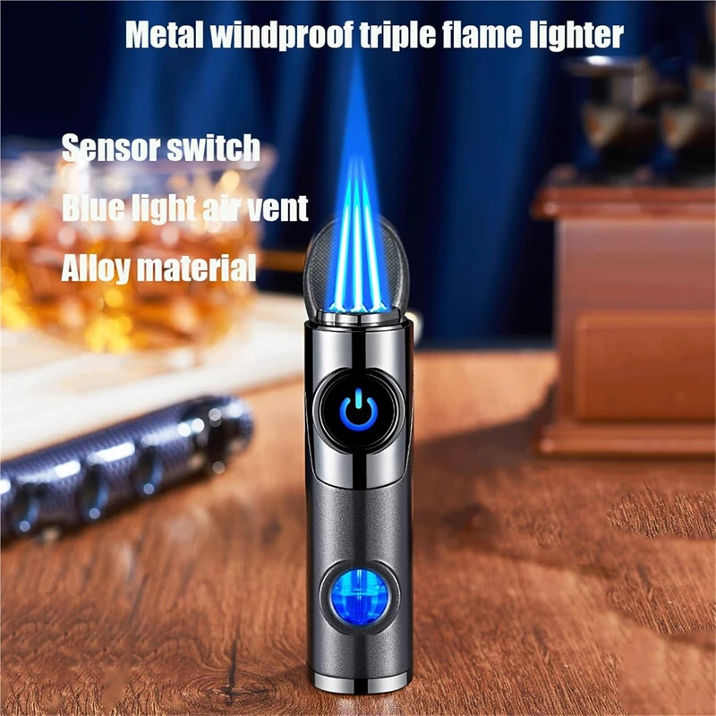 Three-fire Direct-Injection Butane Electric Cigar Lighter Windproof Blue Flame Smart Touch Sensor For Candles Outdoor Gifts