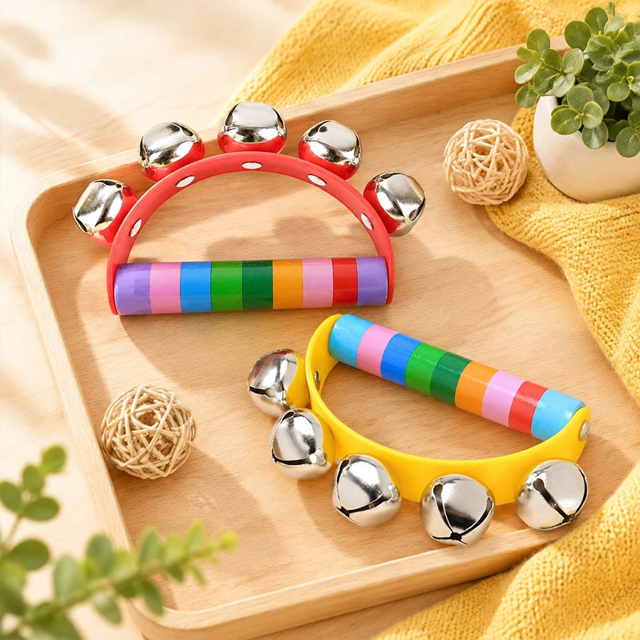 1PC Handbell Hand Bells Colorful Handle with 5PCS Jingle Bells Shaking Instrument Music Enlightenment Party Gift Noise Maker ZYF