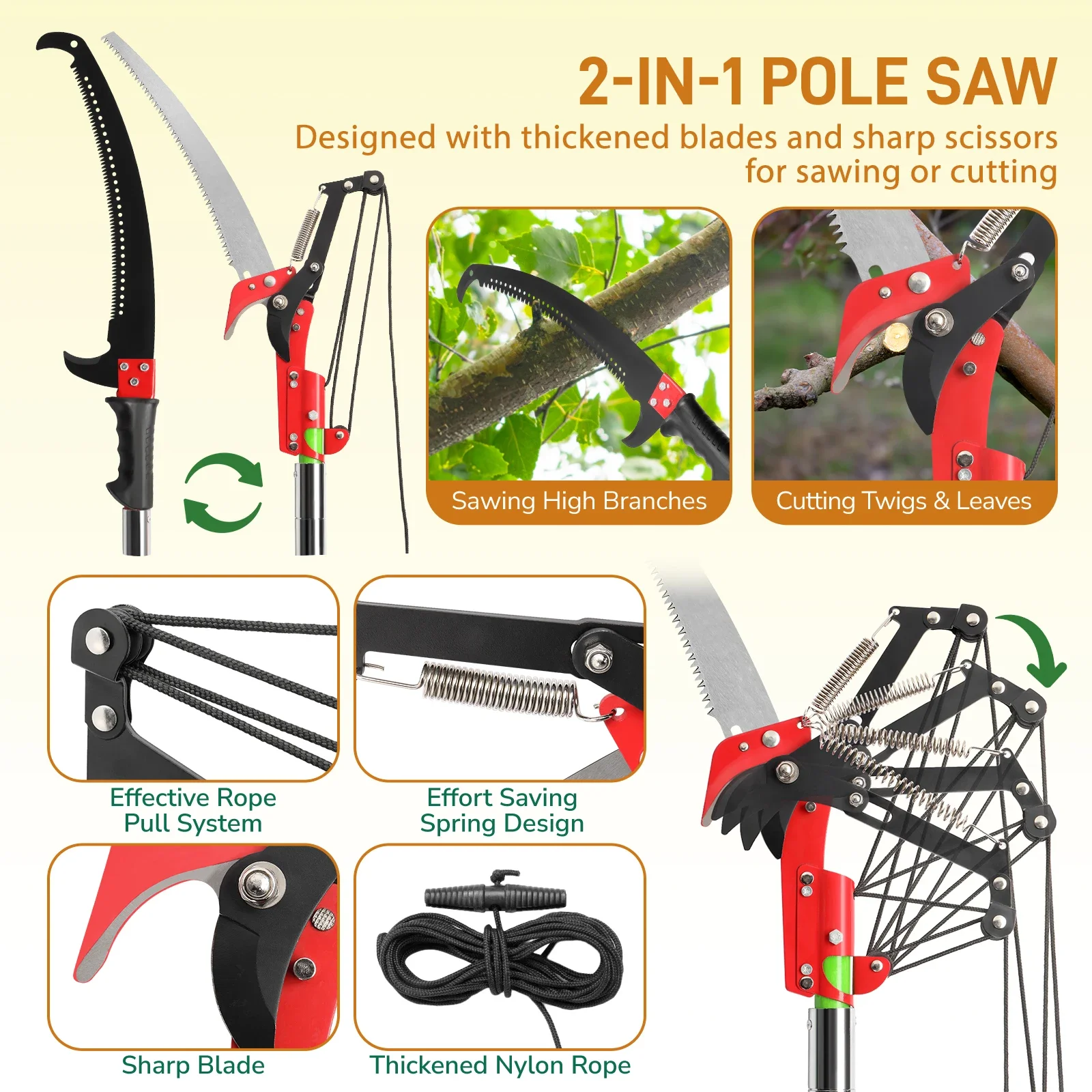 

26ft Manual Pole Saw, Lightweight Tree Trimmers Long Handle Pruner Set, Sharp Steel Blade and Scissors Pole Saw for Trimming