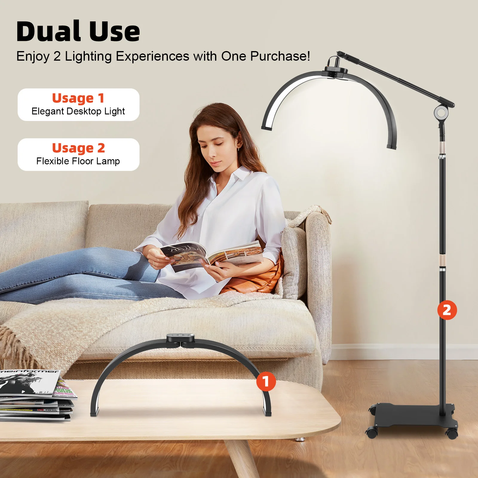 Lampe LED demi-lune à double usage avec support de téléphone, mouvement gratuit réglable avec télécommande pour esthéticiennes