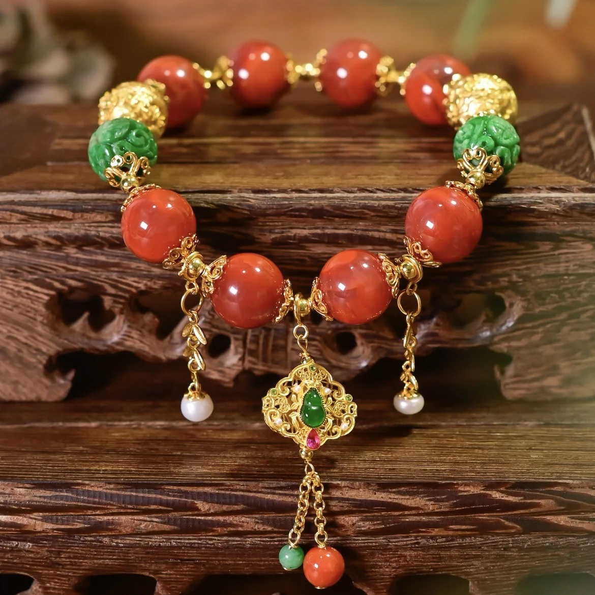 Natural Red Agate Bracelet, Mellow Green Carved Jadeite Gourd Pendant 925 Silver, Traditional Chinese Style Healing Jewelry