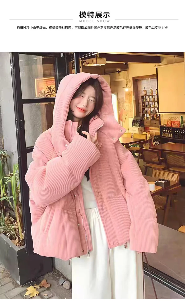 Women's Corduroy Jacket with Hood Long Sleeve Pink Beige Black Winter Streetwear Warm Bread Coat Outerwear for Cold Weather 2026