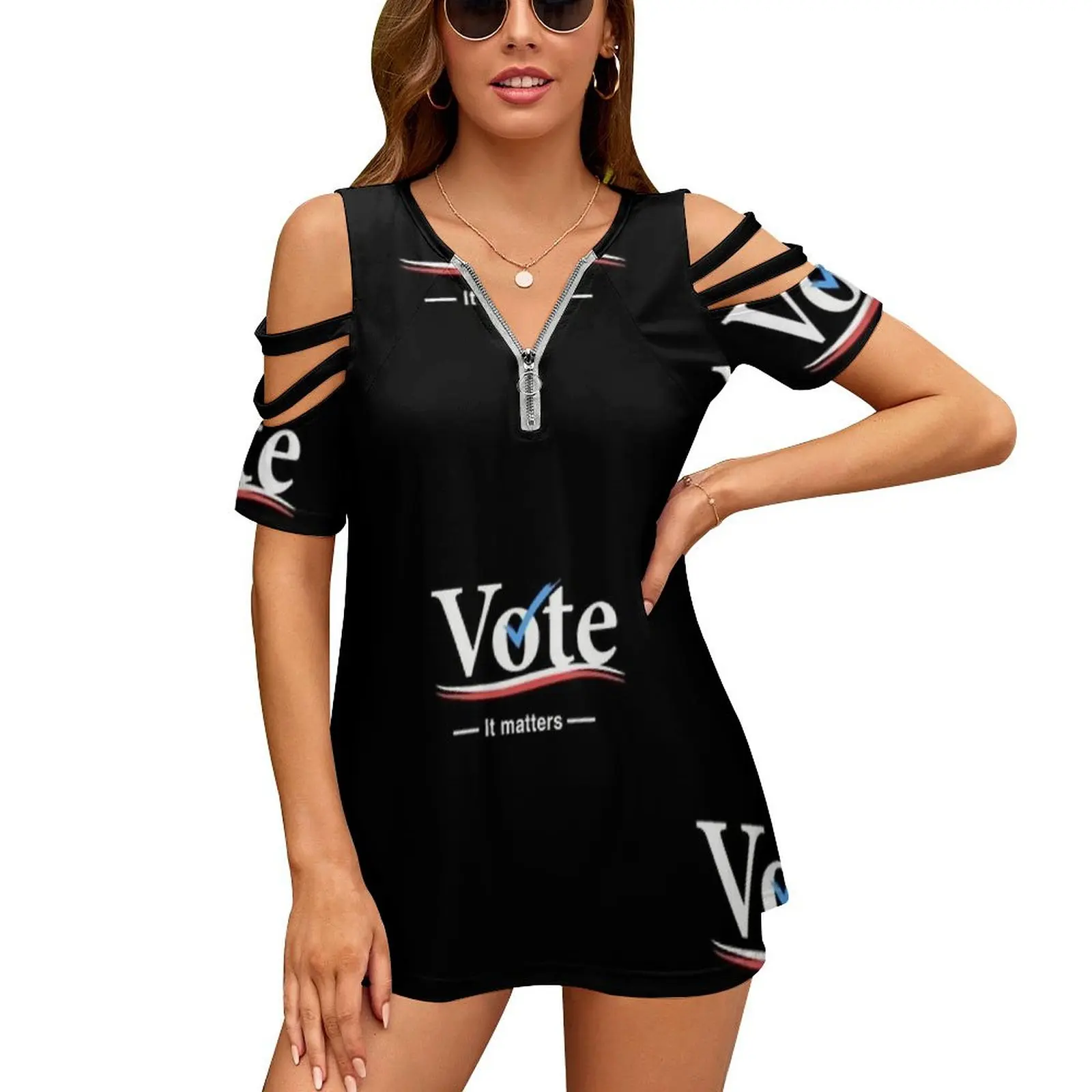 Vote ( It Matters ) Women's T-Shirt New Fashion Printed Zipper V-Neck Short Sleeve T Shirts Casual Plus Size Vote Voting