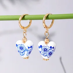 XIALUOKE Fashion Geometric Heart Shape Blue Ceramic Print Blue And White Porcelain Earrings For Women Ethnic Party Gift Jewelry
