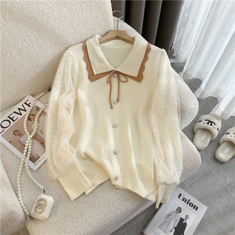 High-grade button bottoming shirt retro knitted sweater women fashion doll collar long-sleeved patchwork female bow pullover