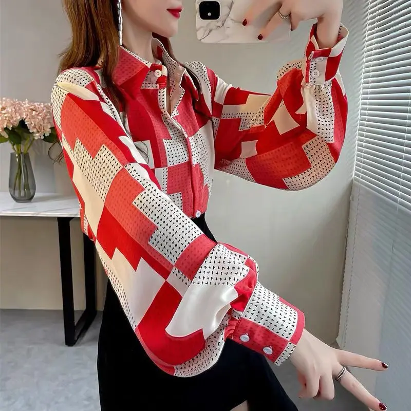 Spring Summer Floral Print Lantern Long Sleeve Chiffon Shirt Tops Women Elegant Fashion All-match Casual Blouse Female Clothes