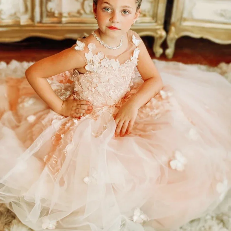 Vestidos Flower Girl para casamento e aniversário, Pearl Floral Tulle, Luxury Princess, Long Maxi, Kids Bridesmaid Ball, Vestidos de Primeira Comunhão