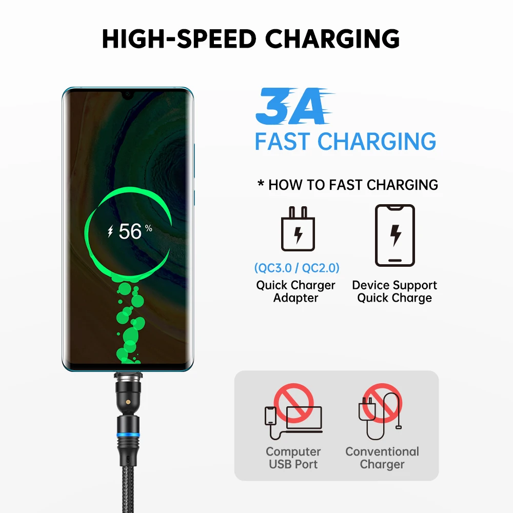 AUFU 540 Rotation Magnetic Cable 3A Fast Charging Magnet Type C Mirco USB Phone Data Cord For iPhone Xiaomi Oneplus Oppo Realme