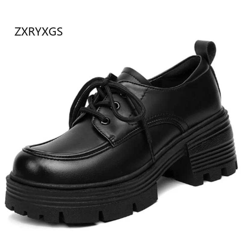 

Новые женские туфли ZXRYXGS 2026 в британском стиле на шнуровке из натуральной кожи, на толстой нескользящей подошве, увеличивающие рост, на высоком каблуке, модные