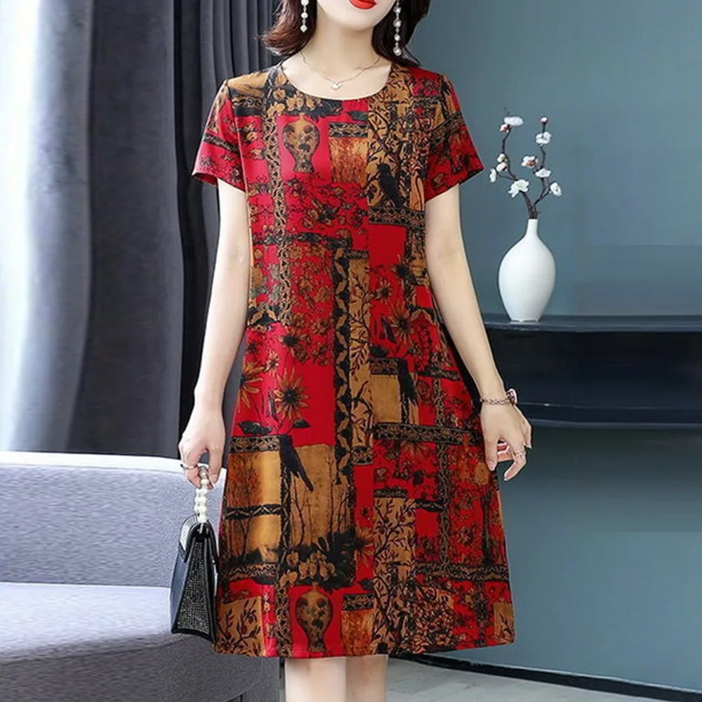 

Womens Dresses Party Casual Elegant Long-Dress Retro Plus Size Print Short-Sleeved Skirt Loose Mother Wear Female Clothing