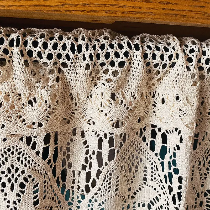 Handmade algodão linho cozinha cortinas curtas, Crochet Lace, Borla oca, Valance Bege, Porta e janela cortinas