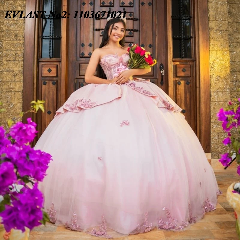 

EVLAST Customized Mexican Pink Quinceanera Dress Off Shoulder Floral Lace Applique Beading Bow Sweet 16 Vestidos 15 Anos E2QA145