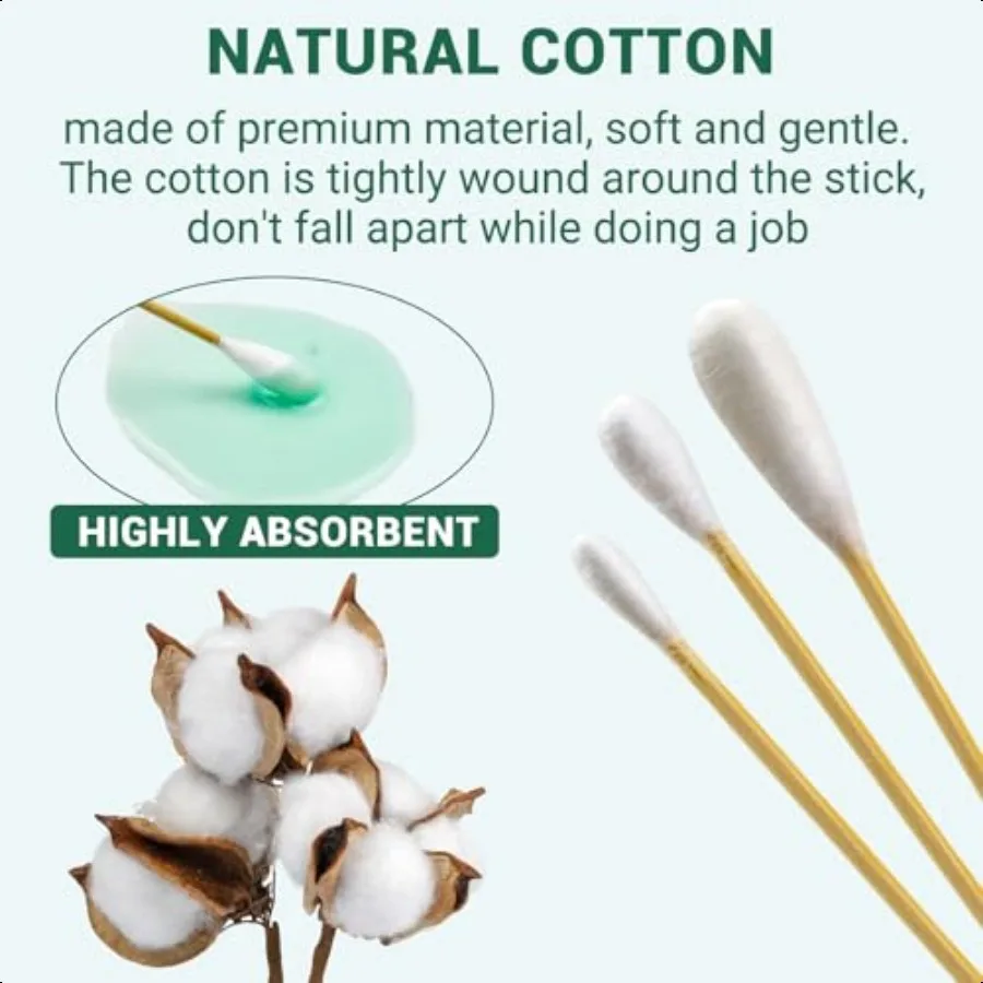 مجموعة متنوعة من مسحات القطن الطويلة مع 3 أطراف مختلفة، رؤوس قطنية صغيرة ومتوسطة وكبيرة على 6 عصا من الخيزران مثالية للمك