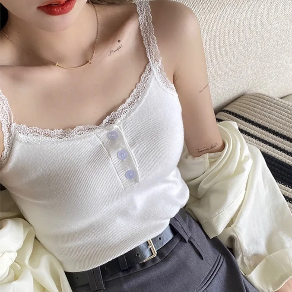 

Fashion Sweet Lace Crop Top Bottoming Shirt Sleeveless Girl's Vest Top Spicy Girls Style Sling Tank Camisole with Pads Women