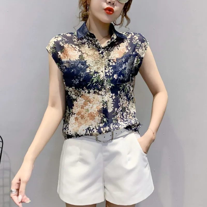 New Print Blouse Women Ladies Tops Blusas Mujer Summer Floral Chiffon Women\'s Shirts Casual Sleeveless Female Clothing 10225