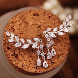 Wedding Party Women Luxury CZ Crystal Earrings Temperament Water-drop Tassel Dangle Earrings Branches Leaves Fashion Jewelry