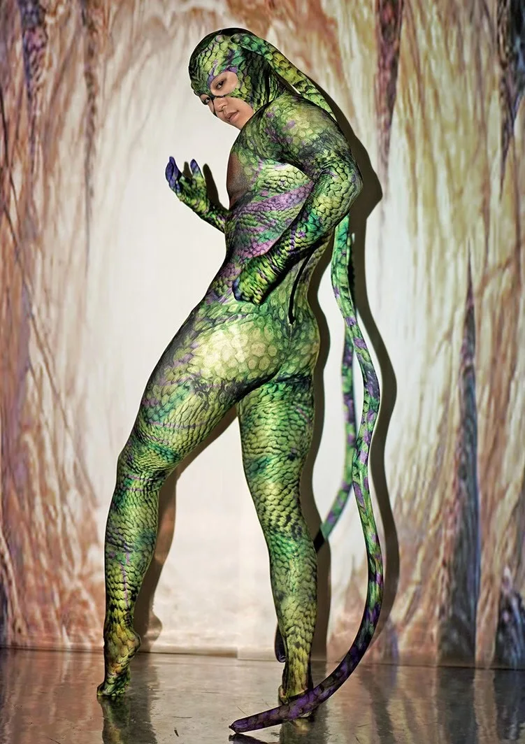 Halloween Rave Party Role playing Stage Clothes Green bodysuit snake Spandex Stretch Skinny Jumpsuit Men Women play Costume