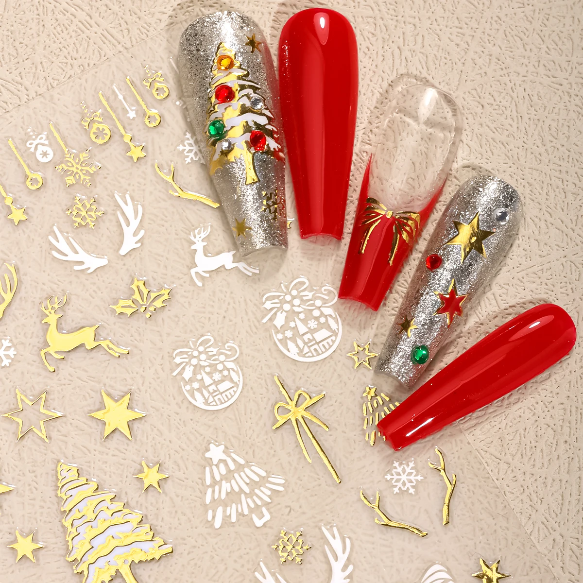 Autocollant de noël pour Nail Art, 3 pièces, flocon de neige doré, père noël, élan, bonhomme de neige, étoile, autocollant pour décoration de manucure à faire soi-même