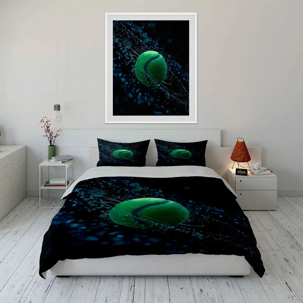 3Pcs Tennis Ball Bedding Set, Glowing Green Tennis Ball with Blue Sparks Print Duvet Cover + 2 Pillowcases, Sports Decor