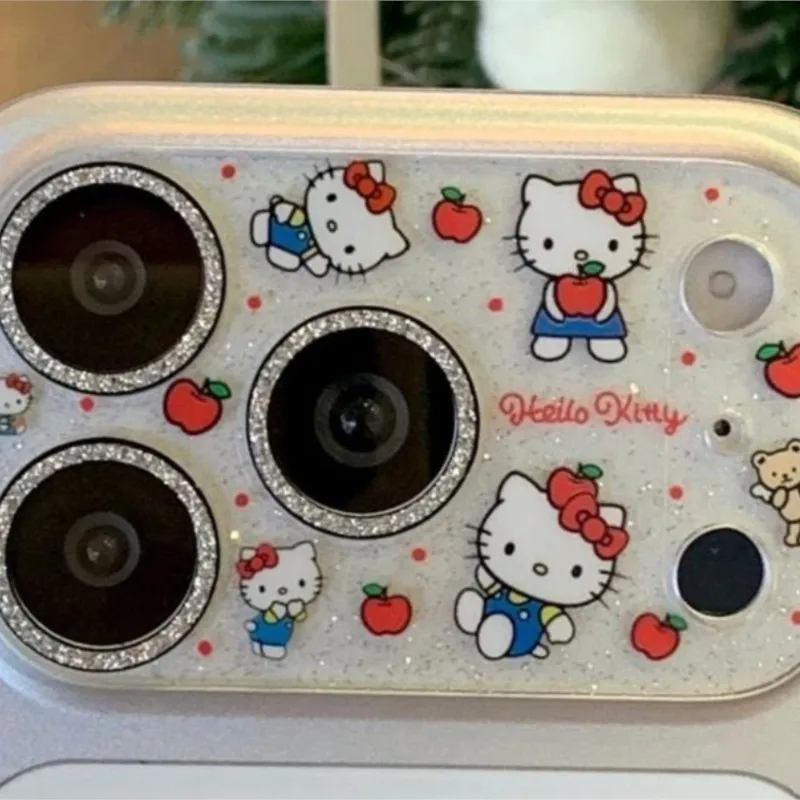 Protector de Lente Kawaii Hello Kitty con Brillantina, Película de Vidrio 9H para iPhone 18 Pro Max, 18 Pro, 17 Pro Max, 17 Pro, para Chicas