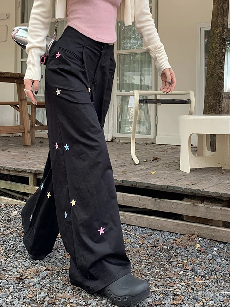 Fashion Y2K Embroidered Cargo Pants Black Women High Waist Wide Leg Harajuku Loose Casual Oversized Trousers Streetwear Pants