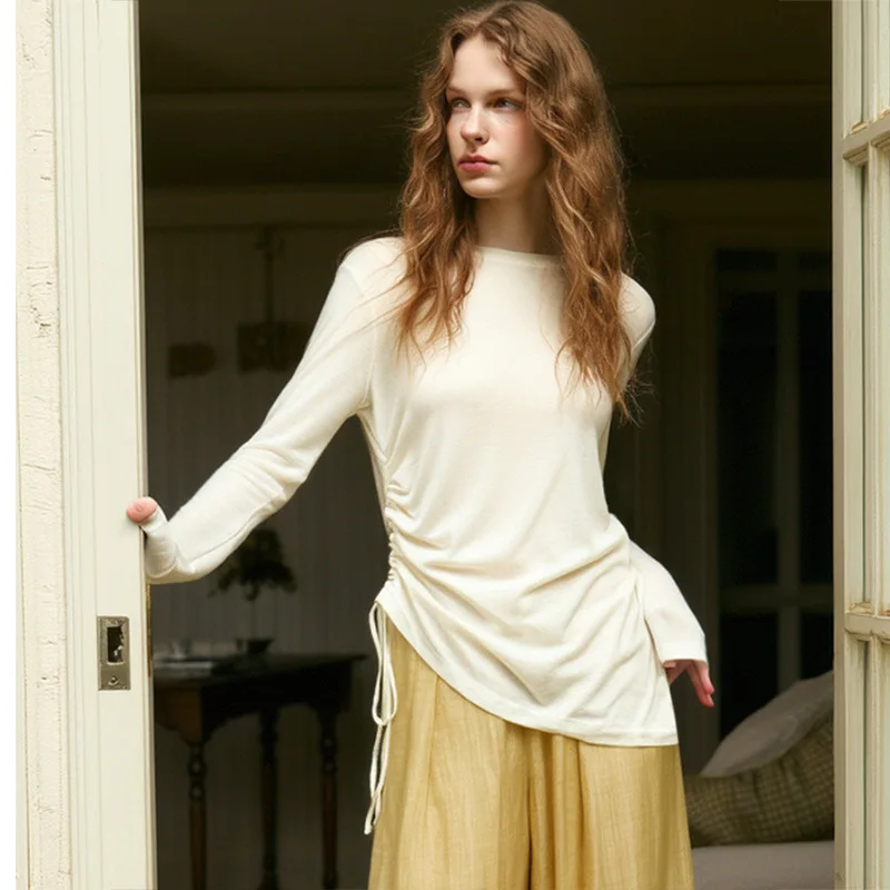 

Women Cotton Linen Knitted T-Shirts Asymmetrical White Color Long-sleeved O-neck Spring Autumn Slim-fit Casual High Street Tops