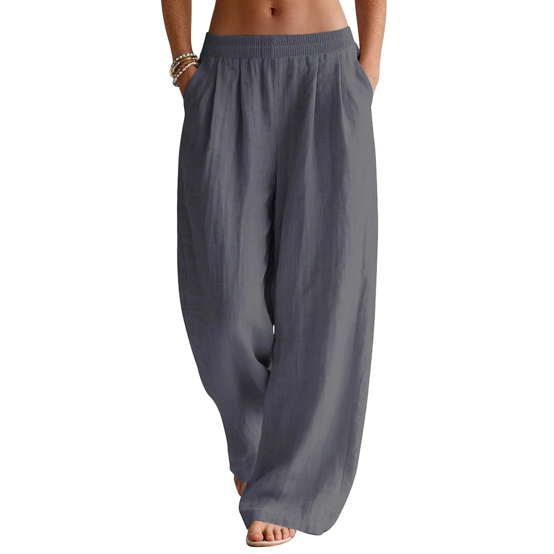 Summer Linen Wide Leg Pants Women's Elastic Waist Travel Beach Casual Trousers