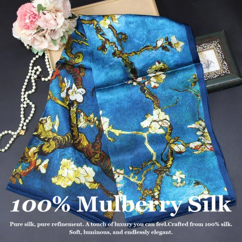 

Модный шелковый платок 2026 года, 110 см, большой квадратный, из 100% натурального шелка тутового шелкопряда, с ручной подгибкой края, с цветочным принтом, хиджаб, защита от солнца, шаль-накидка