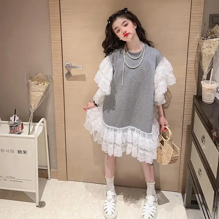 Korea Style Girl Dress Summer New Mesh Patchwork Princess Dress Puff Sleeve Gray Dress Teenage Clothes Kids Ruffles Dress Wz1155