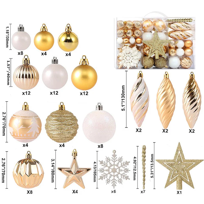 100pcs Christmas Ball Ornaments Christmas Tree Star Decoration Gold Red White Baubles Pendant for 2025 Navidad Noel Xmas Party